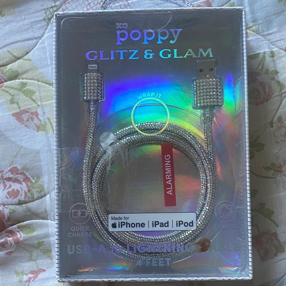 NEW Glitz & Glam XO Poppy Silver Rhinestone Charging Cable- 4 feet